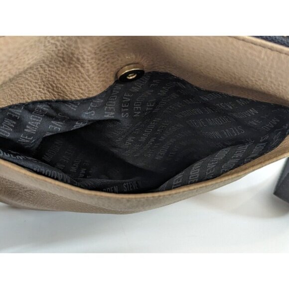 Steve Madden Crossbody Bag Tan Purse Fringe Detail Black Strap Gold Tone NEW - Picture 7 of 11